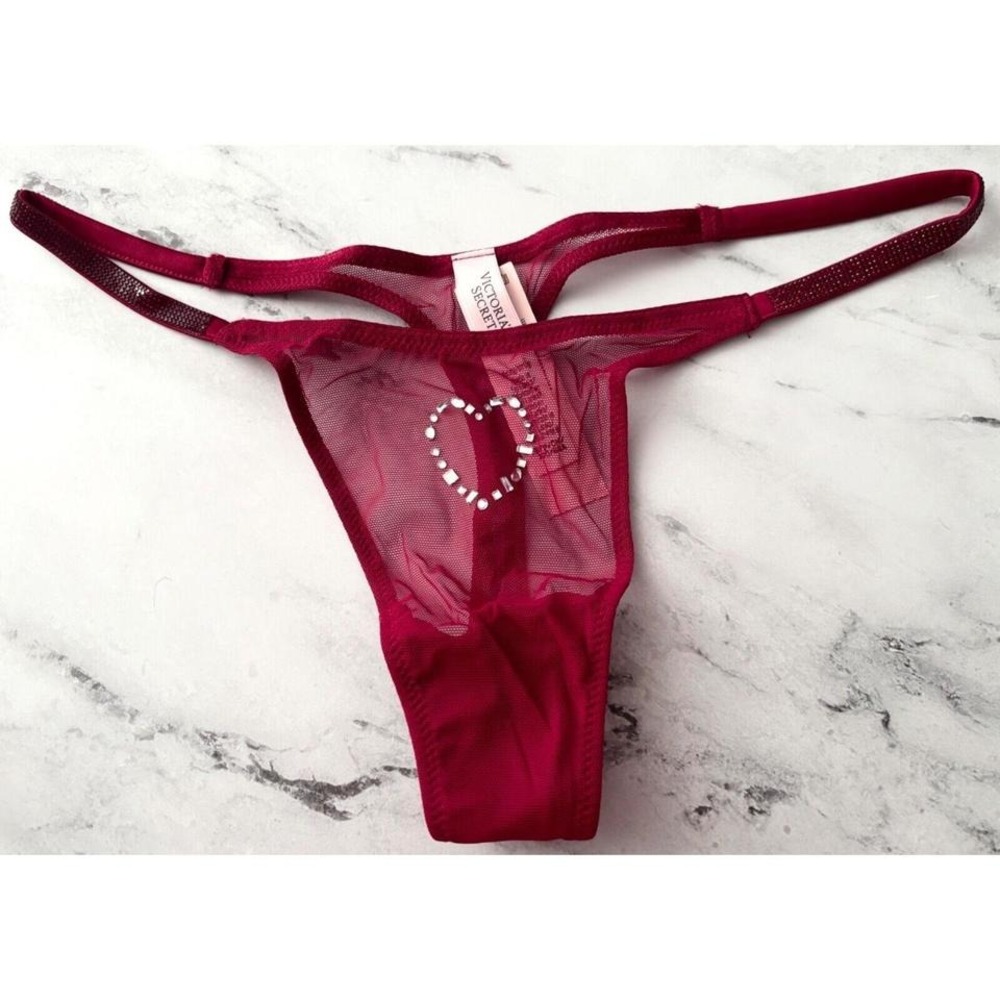 Victorias Secret Nwt Sexy Red Lacquer Mesh w/ Heart + Shine Strap Thong Panty‎
